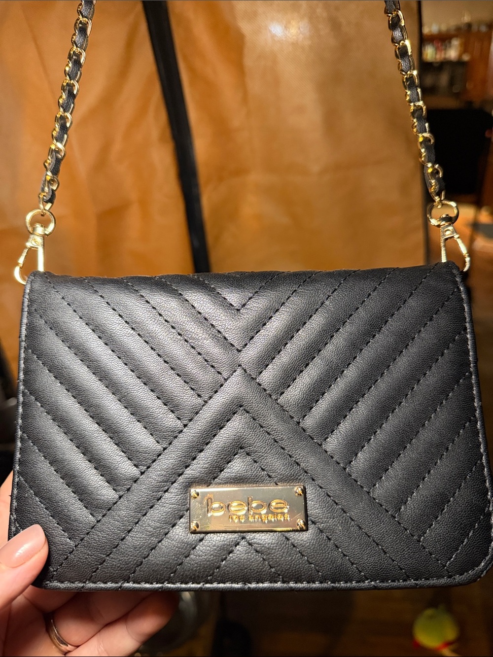 bebe Black Quilted Crossbody Bag with Gold Hardware